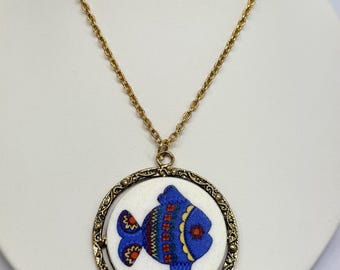 Vintage West German Folk Art Mod Glass Cabochon Pendant Necklace 24 inch 1970s