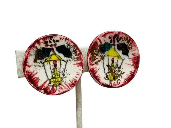 Vintage Earrings Round Porcelain Mid Century Hand… - image 5
