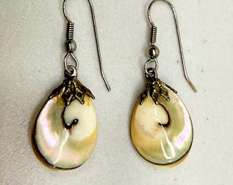 Nautlis Shell Earrings Mother of Pearl Silver Pierced Drop Dangle Boho Artisan