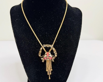 Vintage M&S Gold Filled Rhinestone Brooch Pendant Necklace: 12KGF Retro Jewelry