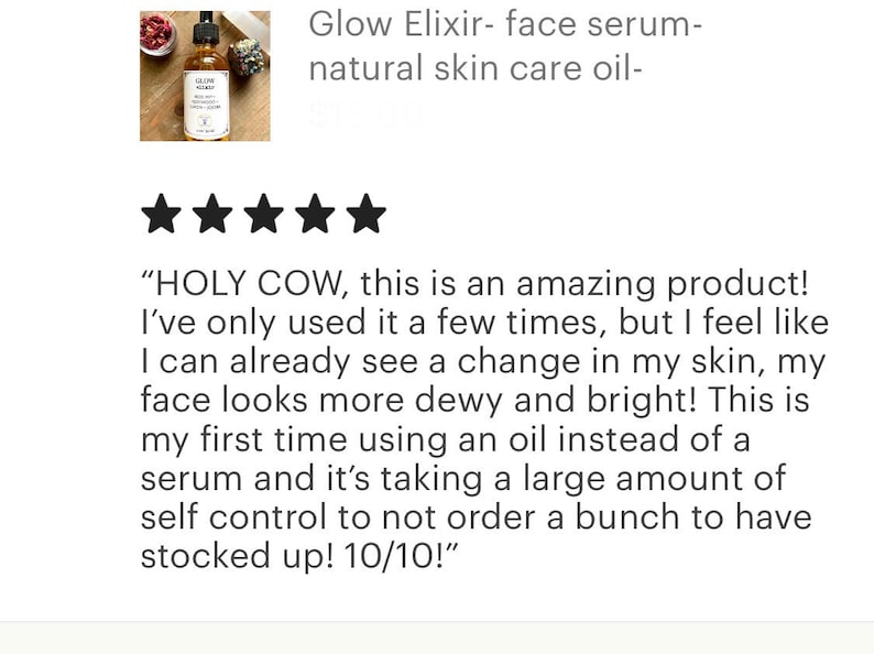 Peut inclure: Un avis cinq &eacute;toiles pour un s&eacute;rum pour le visage avec le texte "HOLY COW, c'est un produit incroyable ! Je ne l'ai utilis&eacute; que quelques fois, mais j'ai l'impression de voir d&eacute;j&agrave; un changement sur ma peau, mon visage a l'air plus frais et lumineux ! C'est la premi&egrave;re fois que j'utilise une huile au lieu d'un s&eacute;rum et j'ai beaucoup de mal &agrave; ne pas en commander une tonne pour faire des r&eacute;serves ! 10/10 !"