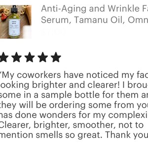May include: A glass bottle of face serum with a green label that reads "Omni Serum". The bottle is sitting on a wooden surface with a brown stone and a piece of wood. The product is described as an anti-aging and wrinkle face serum with tamanu oil. The product has a five-star rating and a customer review that says "My coworkers have noticed my face looking brighter and clearer! I brought some in a sample bottle for them and they will be ordering some from you. This has done wonders for my complexion. Clearer, brighter, smoother, not to mention smells so great. Thank you!!!"