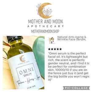 May include: A clear glass bottle with a green liquid inside. The bottle is labeled "Mother and Moon Apothecary Omni Serum Tamanu + Hemp +  Agave 2 fl oz / 59 ml". The bottle is sitting on a green stone. The image also includes a five-star review that reads "Omni serum is the perfect facial oil. It's lightweight but rich, the scent is perfectly gender neutral, and I find it to be perfect for combination skin. 10000/10 if you are on the fence just buy it (and get the big bottle you won't regret it)".