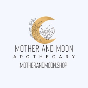 May include: A gold crescent moon with a stylised floral design and crystal shapes. The text "MOTHER AND MOON APOTHECARY MOTHERANDMOON.SHOP" is below the image.