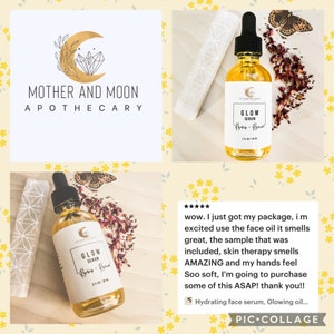 Peut inclure: Un flacon en verre de s&eacute;rum pour le visage avec une &eacute;tiquette dor&eacute;e sur laquelle est inscrit "Glow Serum Rosehip +  Rose" et une &eacute;tiquette blanche avec le texte "Mother and Moon Apothecary". Le flacon est pos&eacute; sur une surface en bois avec des p&eacute;tales de rose s&eacute;ch&eacute;s et un papillon.