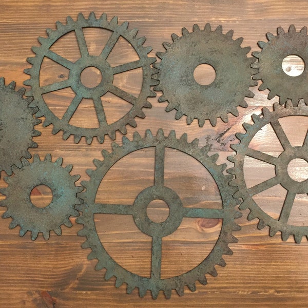 Extra Large Collection of 7 Painted Patina Steampunk Wood Gears - Laser Cut - Industrial Gears