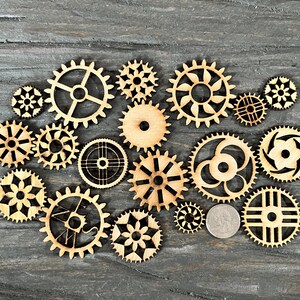 Wood Steampunk Gears and Push Rods - Arts and Crafts in various sizes - Cogs Buttons Wheels Watch Parts Sprocket Charms Jewelry Supplies