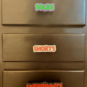May include: A dark brown wooden dresser with three horizontal drawers. Each drawer features a custom label attached to the center. The top label is purple with green text reading SOCKS, the middle is white with red text reading SHORTS, and the bottom is black with red text reading UNDERPANTS.