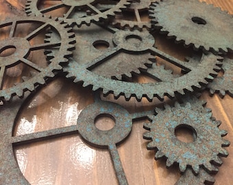Colección de 9 engranajes de madera estilo Steampunk con pátina pintada - Cortados con láser - Engranajes rústicos de imitación - Engranajes industriales
