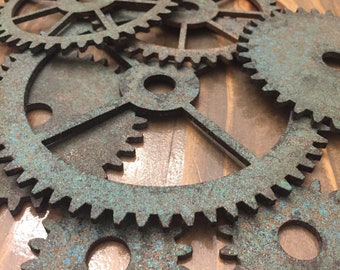 Colección de 7 engranajes de madera estilo Steampunk con pátina pintada - Cortados con láser - Engranajes rústicos de imitación - Engranajes industriales
