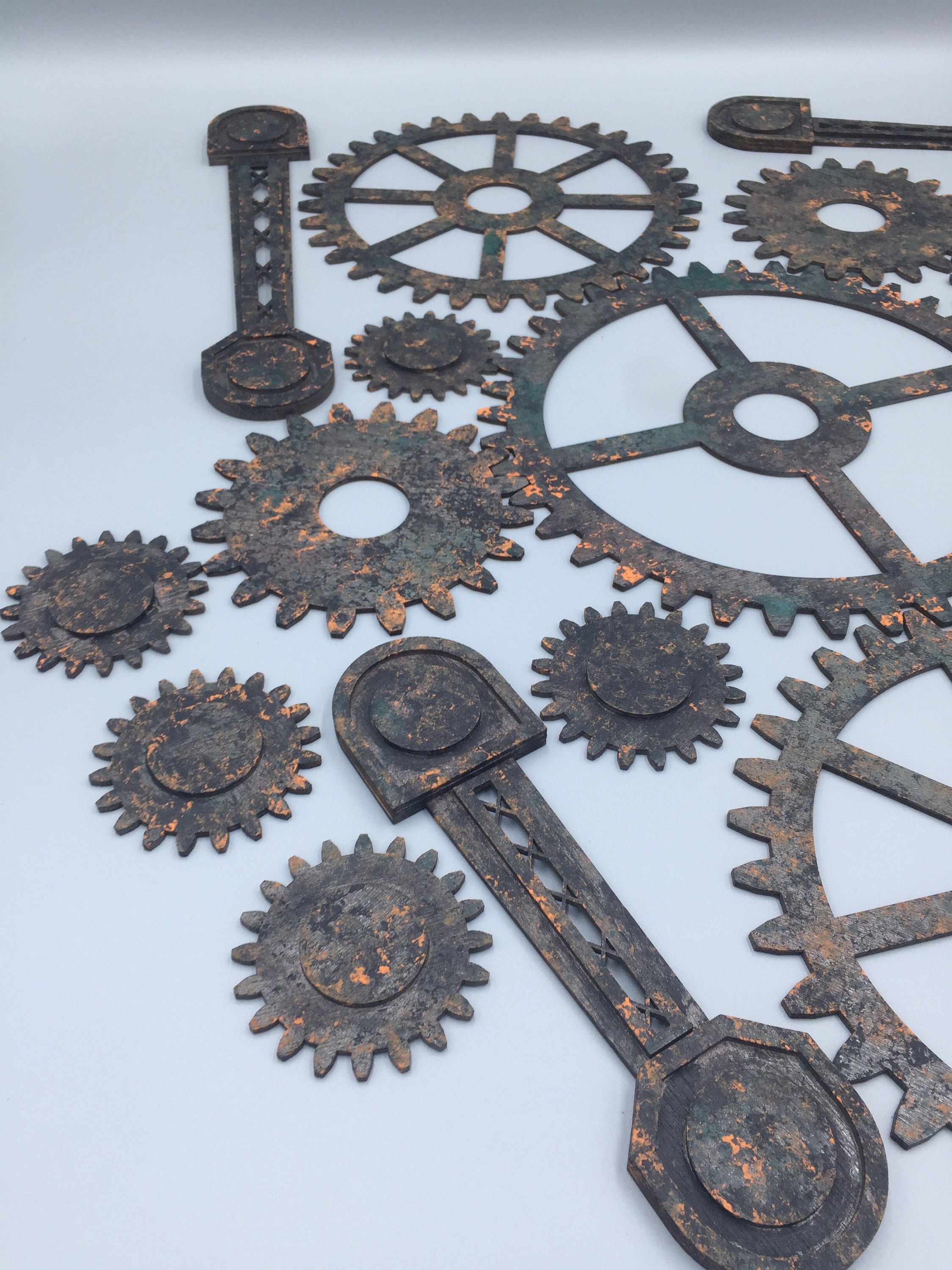 Extra Large Collection of 15 Gears and Rods - 7 Painted Patina and Rust ...