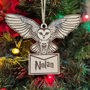 May include: A wooden owl ornament with outstretched wings, detailed with black lines, hangs on a Christmas tree. Below the owl is a rectangular sign with the name "Nolan" in a stylized font. The ornament is suspended by a silver string.