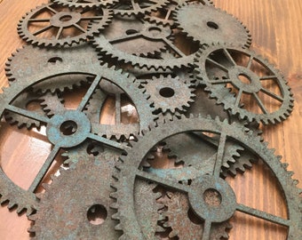 Collection of 20 Painted Patina Steampunk Wood Gears - Laser Cut - Faux Rustic Gears - Industrial Gears