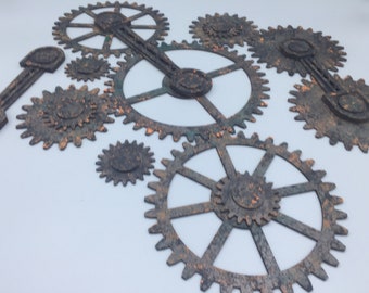 Extra Large Collection of 15 Gears and Rods - 7 Painted Patina and Rust Wood Gears, 3 Coupling Rods, and 5 Gear Caps - Industrial Gears