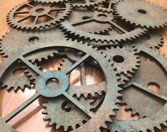 Colección de 16 engranajes de madera estilo Steampunk con pátina pintada - Cortados con láser - Engranajes rústicos de imitación - Engranajes industriales