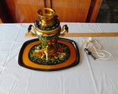Russian samovar for tea drinking and a tray. Made in the USSR in the city of Tula