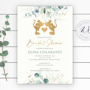 Happily Ever After Bridal Shower Invitation, Mickey + Minnie Love, Greenery, Digital, Editable