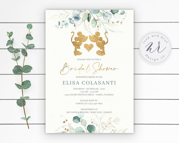 Happily Ever After Bridal Shower Invitation, Mickey + Minnie Love, Greenery, Digital, Editable