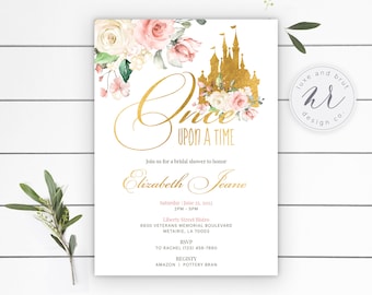 May include: A bridal shower invitation with a gold castle and pink flowers. The text reads "Once Upon A Time" and "Join us for a bridal shower to honor Elizabeth Jeane".