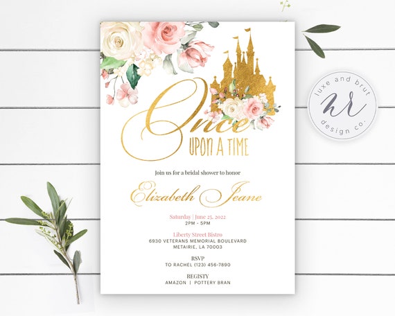 Once Upon A Time Bridal Shower Invitation with a Gold Foil Castle and Floral Accents, Digital Download