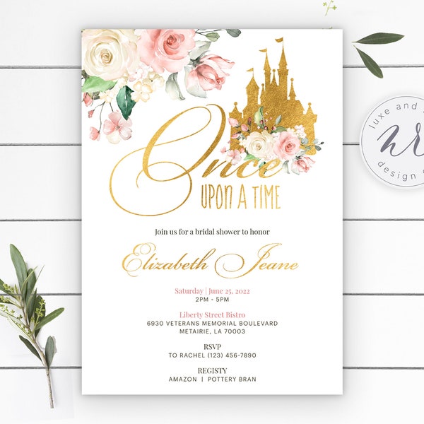 Once Upon A Time Bridal Shower Invitation with a Gold Foil Castle and Floral Accents, Digital Download