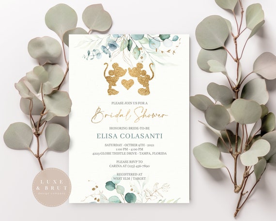 Happily Ever After Bridal Shower Invitation, Mickey + Minnie Love, Greenery, Digital, Editable