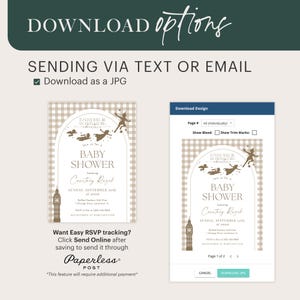 Puede incluir: Una invitaci&oacute;n imprimible para un baby shower con tem&aacute;tica de Peter Pan. La invitaci&oacute;n est&aacute; dise&ntilde;ada con un patr&oacute;n de cuadros marrones y presenta una silueta de Peter Pan volando con Campanilla y los Ni&ntilde;os Perdidos. El texto de la invitaci&oacute;n dice: "Hoy ser&aacute; una aventura incre&iacute;blemente grande. &Uacute;nase a nosotros para un baby shower en honor a Courtney Razek. Domingo, 20 de septiembre al mediod&iacute;a. Ruffled Feathers Golf Club 1 Change Drive, Somewhere, IL RSVP en [direcci&oacute;n del sitio web]"