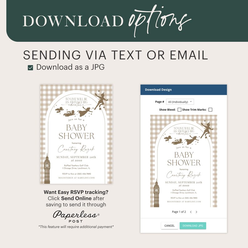 Puede incluir: Una invitaci&oacute;n imprimible para un baby shower con tem&aacute;tica de Peter Pan. La invitaci&oacute;n est&aacute; dise&ntilde;ada con un patr&oacute;n de cuadros marrones y presenta una silueta de Peter Pan volando con Campanilla y los Ni&ntilde;os Perdidos. El texto de la invitaci&oacute;n dice: "Hoy ser&aacute; una aventura incre&iacute;blemente grande. &Uacute;nase a nosotros para un baby shower en honor a Courtney Razek. Domingo, 20 de septiembre al mediod&iacute;a. Ruffled Feathers Golf Club 1 Change Drive, Somewhere, IL RSVP en [direcci&oacute;n del sitio web]"
