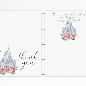 May include: White thank you cards with a watercolor illustration of a fairytale castle. The castle is blue and gold, surrounded by pink and peach flowers. One card says "thank you" in script. The other card has the text "Once in a while, in the middle of an ordinary life... love gives us a fairy tale."