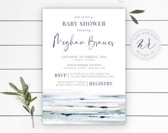 Watercolor Ocean Waves Baby Shower Invitation, Nautical Baby Shower Invite