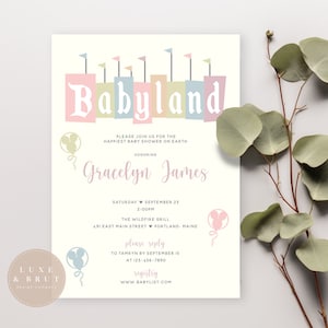 Babyland Baby Shower Invitation, Mickey Balloons, Sprinkle, Gender Neutral, Edit Yourself in Corjl