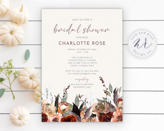 Bohemian Fall Bridal Shower Invitation, Fall In Love, Rustic, Romantic, Boho Wedding Shower Party, DIY, Printable, 2021