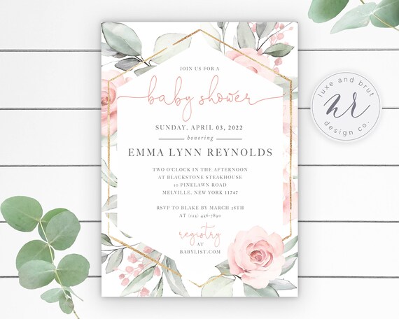 Blush Pink Floral Baby Shower Invitation Girl, Geometric Baby Shower Invite