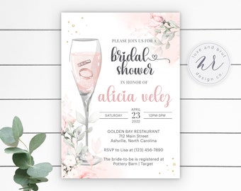 Rosé Champagne Blush Bridal Shower Invitation, Pink Wedding Shower, Editable File