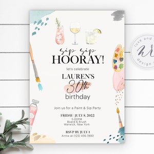 Sip Sip Hooray Paint and Sip Birthday Party Invitation, 21st, 30th, 50th, Editable, Instant Download, Edit Yourself with Corjl