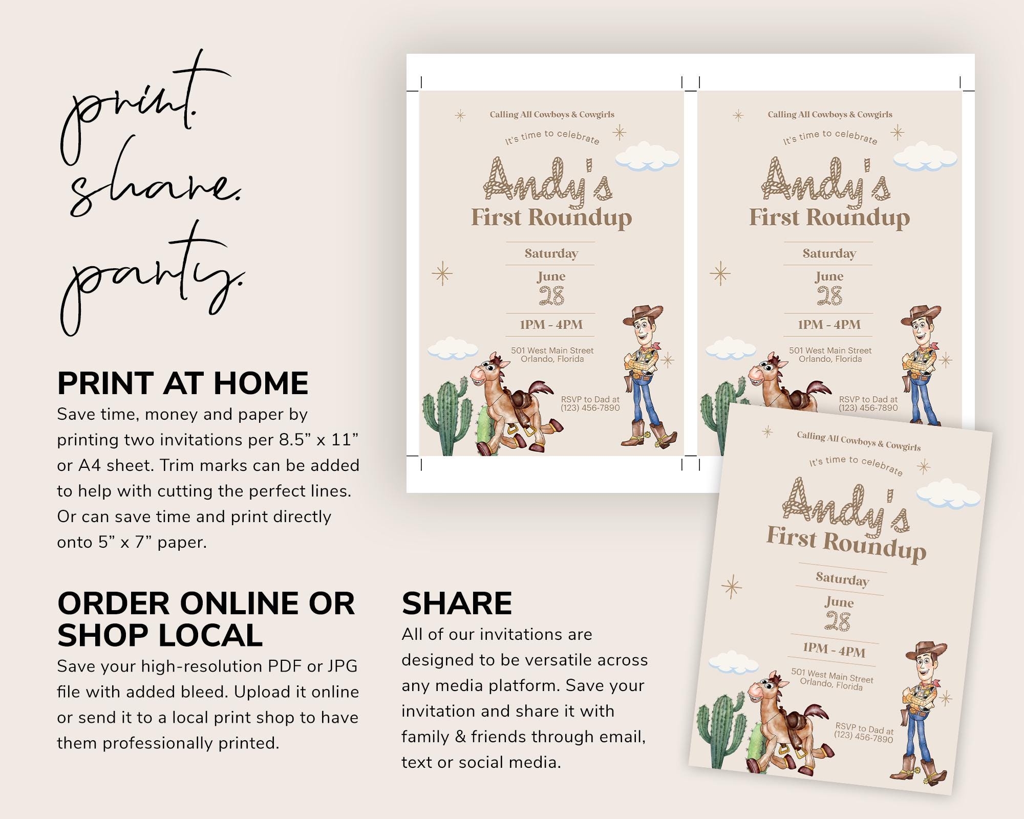 Woody First Rodeo Invite Woody's First Round up Birthday Invitation: Cowboy Rodeo (edit Yourself ...