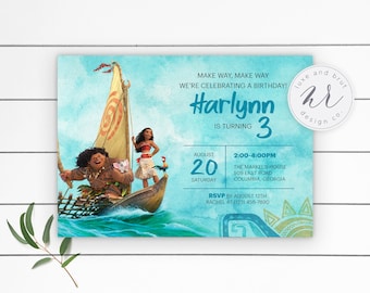 May include: A blue and green birthday invitation with a watercolor background. The invitation features a cartoon image of Moana and Maui sailing on a boat. The text on the invitation reads "Make way, make way, we're celebrating a birthday! Harlynn is turning 3. August 20, Saturday, 2:00-4:00 PM, The Markel's House, 509 East Road, Columbia, Georgia. RSVP by August 12th, Rachel at (123) 456-7890."