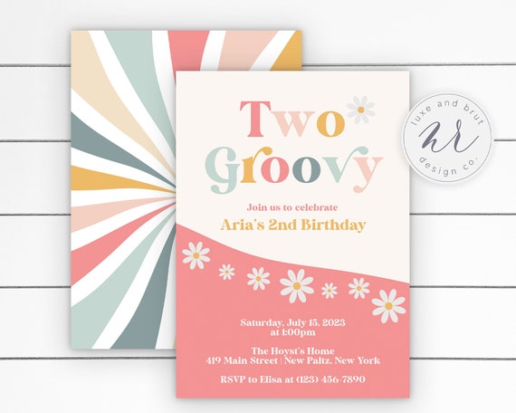 Two Groovy Hippie Daisy Birthday Party Invitation, One Groovy Baby, Young Wild and Three, Instant Download, Edit Yourself in Corjl