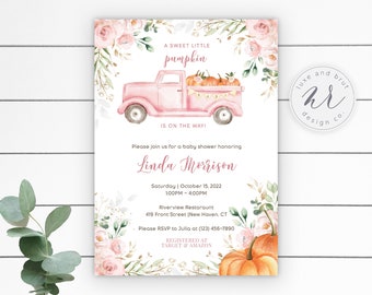 A Sweet Little Pumpkin Is On The Way, Pink Truck Baby Girl Watercolor Baby Shower Invitation, Watercolor, Editable, Instant Download