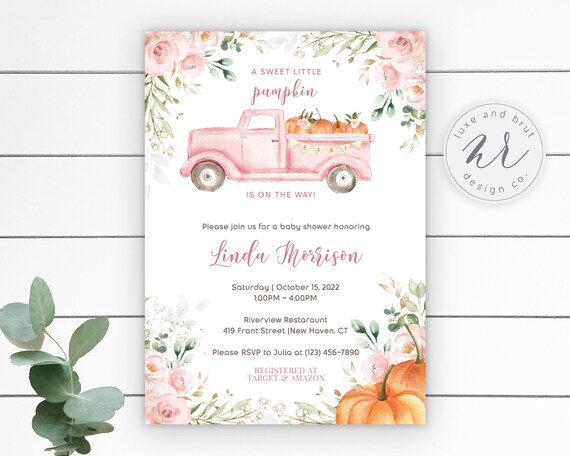 A Sweet Little Pumpkin Is On The Way, Pink Truck Baby Girl Watercolor Baby Shower Invitation, Watercolor, Editable, Instant Download