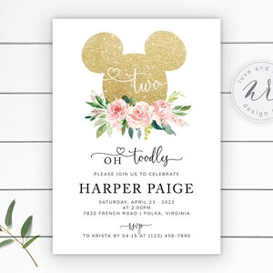 Oh Toodles Gold Glitter Mickey Birthday Party Invitation, Blush Pink Florals and Greenery, Edit Yourself