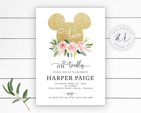 Oh Toodles Gold Glitter Mickey Birthday Party Invitation, Blush Pink Florals and Greenery, Edit Yourself