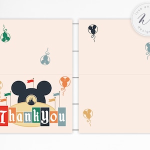 Tarjetas de agradecimiento de cumpleaños de Disneyland, artículos a juego, color oscuro, descarga instantánea