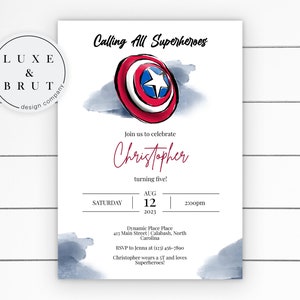 Captain America Birthday Party Invitation, Avengers, Watercolor, Calling All Superheroes, Edit Yourself in Corjl, Instant Download