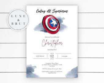 Captain America Birthday Party Invitation, Avengers, Watercolor, Calling All Superheroes, Edit Yourself in Corjl, Instant Download