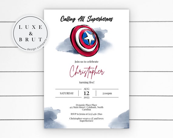 Captain America Birthday Party Invitation, Avengers, Watercolor, Calling All Superheroes, Edit Yourself in Corjl, Instant Download