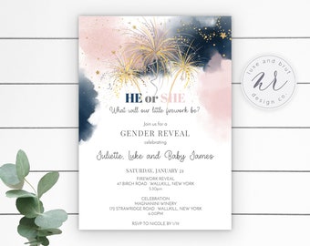 He or She What Will Our Little Firework Be? Gender Reveal Invitation, DIY, Edit Yourself on Corjl