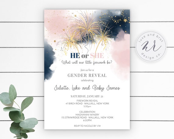 He or She What Will Our Little Firework Be? Gender Reveal Invitation, DIY, Edit Yourself on Corjl