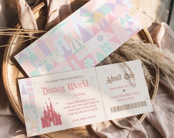 May include: A Disney World ticket and matching patterned card. The ticket is light pink with text that reads "Admit One" and "December 15, 2025". The card has a colorful geometric design.