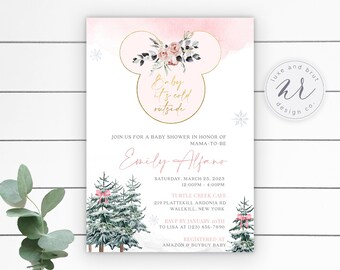 Minnie Floral Baby It's Cold Outside Winter Baby Shower Invitation, Wonderland, DIY, Edit Yourself